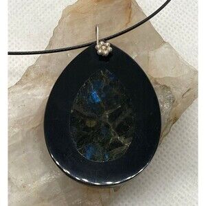 Vintage Labradorite Stone Inlay Pendant 18.5'' Necklace Sterling‎ 925 Silver 16g